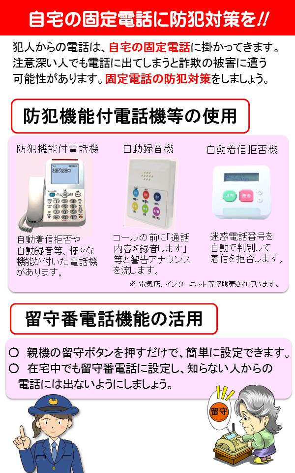 「自宅の固定電話に防犯対策を!!」のチラシ詳細が示された画像