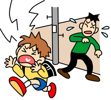 大声で助けを呼んでいる、ランドセルを背負った男の子と戸惑う不審者のイラスト