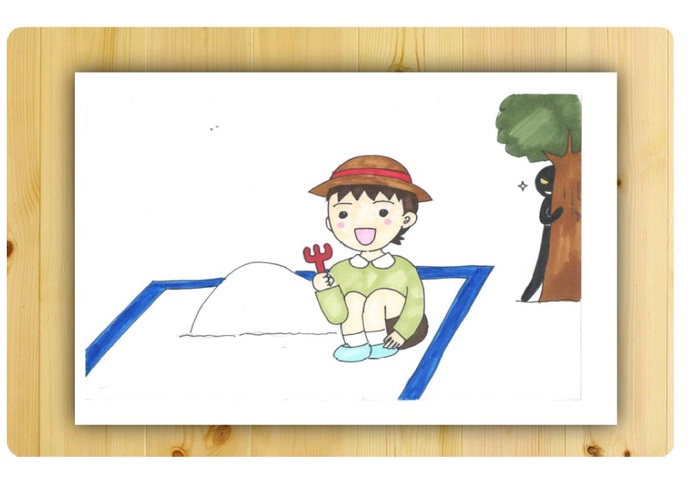 子どもが一人で砂場で遊んでいる様子を木の陰から不審者がみているイラスト