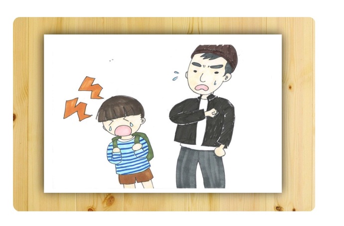 帽子を被った見知らぬ男の隣で小学生の男の子が泣き叫んでいるイラスト