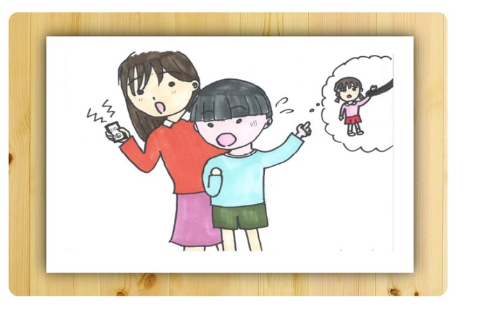 女の子が不審者に連れていかれた事を他の友達2人が知らせているイラスト