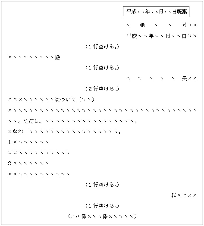 所属相互間の連絡等の施行文書の基本的な書式の例示図