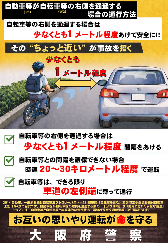 自動車等が自転車等の右側を通過する場合の通行方法に関するチラシ画像