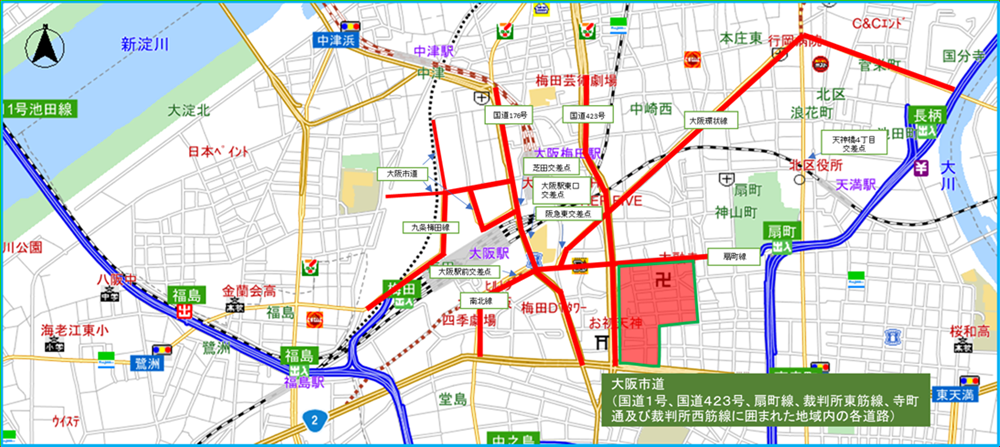 駐(停)車違反取締重点路線・取締重点交差点(曽根崎警察署管内)の地図画像