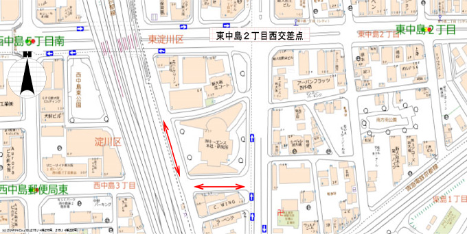 東中島一丁目2番街区北東角先から東中島一丁目2番街区北西角先まで(大阪市道・西行車道)及び東中島一丁目3番街区南西角先から東中島一丁目3番街区北西角先まで(大阪市道・北西行車道)の地図