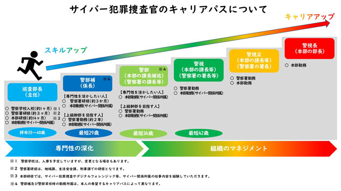 サイバー犯罪捜査官のキャリアパスについての図解です。