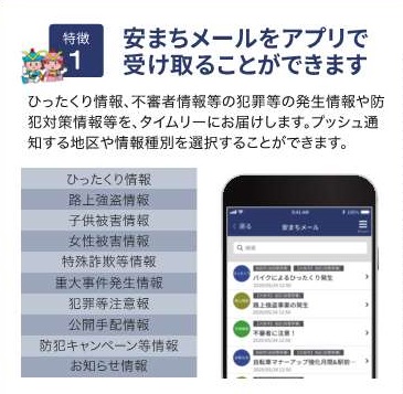 特徴1安まちメールをアプリで受け取ることができますの詳細内容を説明している画像
