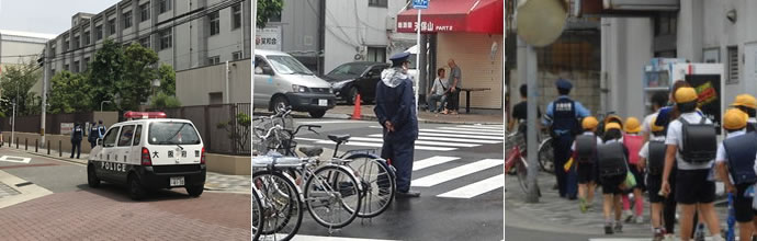 (左)ミニパトカーで学校周辺をパトロールしている写真(中央)雨具を着て交差点に立つ男性警察官を後ろから撮影した写真(右)男性警察官を先頭に列を作って歩いている小学生達を後ろから撮影した写真