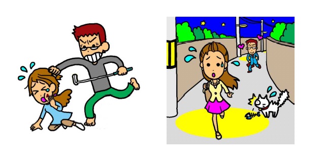 (左)ゴルフクラブを持った男性が、泣いている女性の髪をつかんでいるイラスト、(右)夜間、女性の後をつけている男性のイラスト