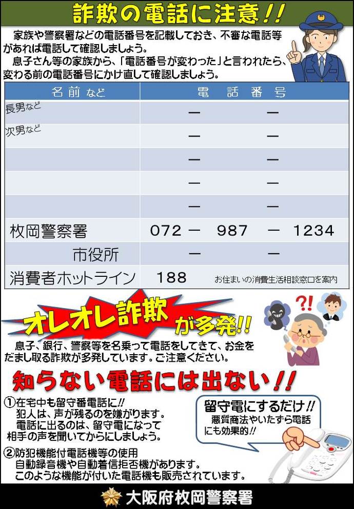 オレオレ詐欺対策電話番号記録紙が掲載されたチラシの画像
