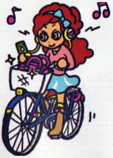 ヘッドフォンをしスマートフォンを見ながら自転車に乗っている女性のイラスト