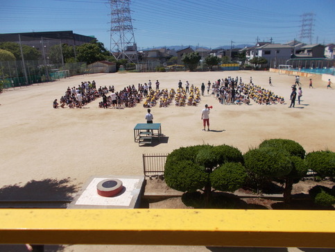 運動場に避難してきた生徒達が整列している様子を高いところから写した写真