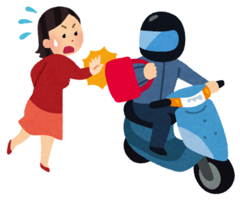バイクに乗ったひったくり犯にバッグを取られた女性のイラスト