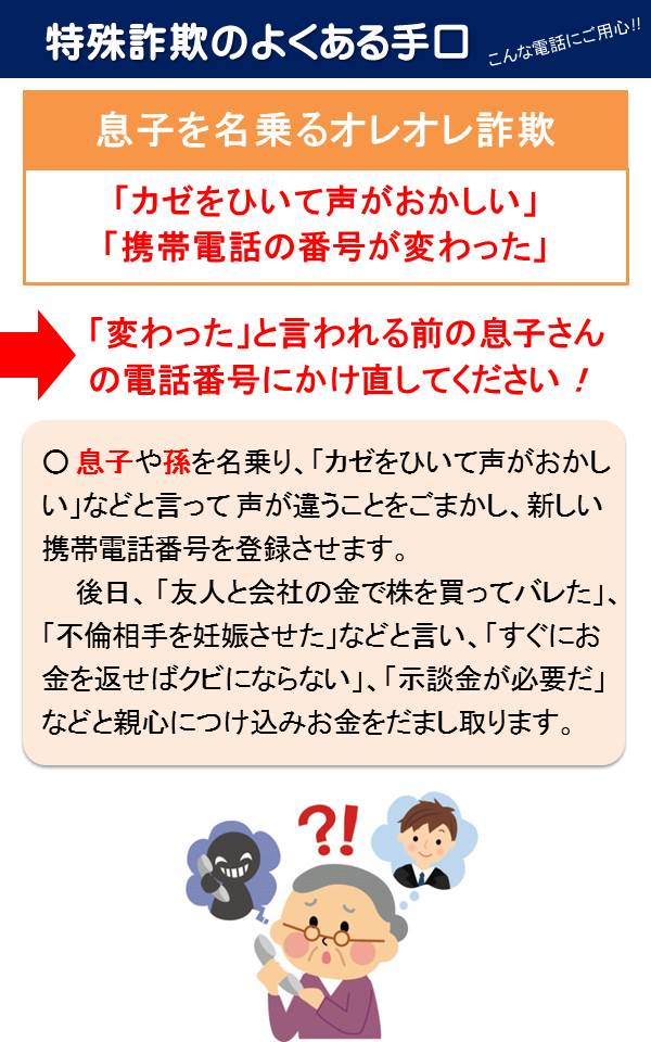 「特殊詐欺のよくある手口 こんな電話にご用心!!」の詳細が書かれた画像