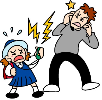 ランドセルを背負った女の子が防犯ブザーを鳴らし、不審者が耳を両手でふさいでるイラスト