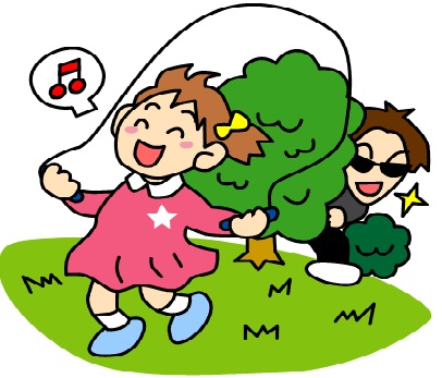 縄跳びをして一人で遊ぶ子供を後方の木陰から不審者が狙うイラスト