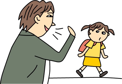 赤いランドセルを背負った小学生に男性が声をかけているイラスト