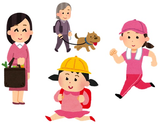 ランドセルを背負った女の子の様子を犬を散歩している女性や買い物帰りの方などが見守り活動をしているイラスト