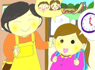 女の子が遊びに行く前に、お母さんに、2人の友達と公園に行って4時に帰ると伝えているイラスト