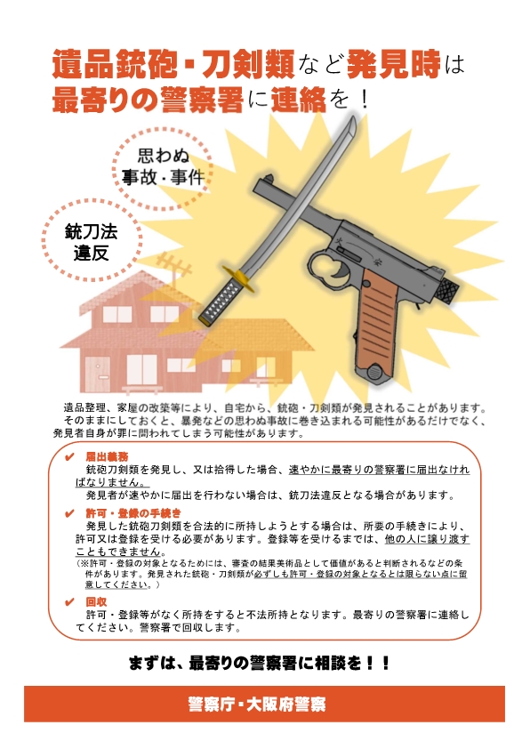 遺品鉄砲・刀剣類など発見時は最寄りの警察署に連絡を