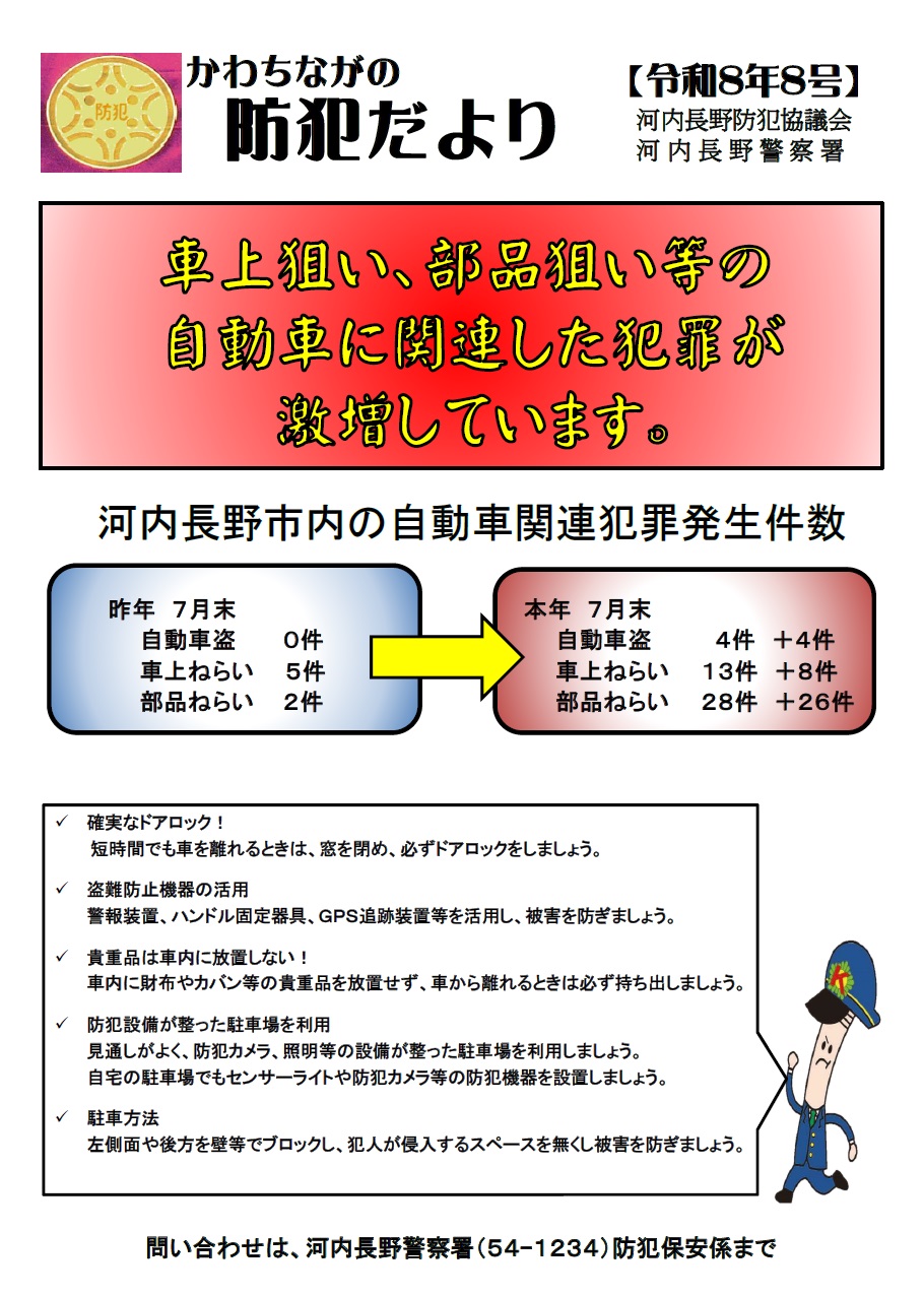 7月末までの車上狙い、部品狙い等の自動車関連犯罪が激増しています。車内はカラッポにし、盗難防止装置や防犯カメラ設置等で被害を防ぎましょう。