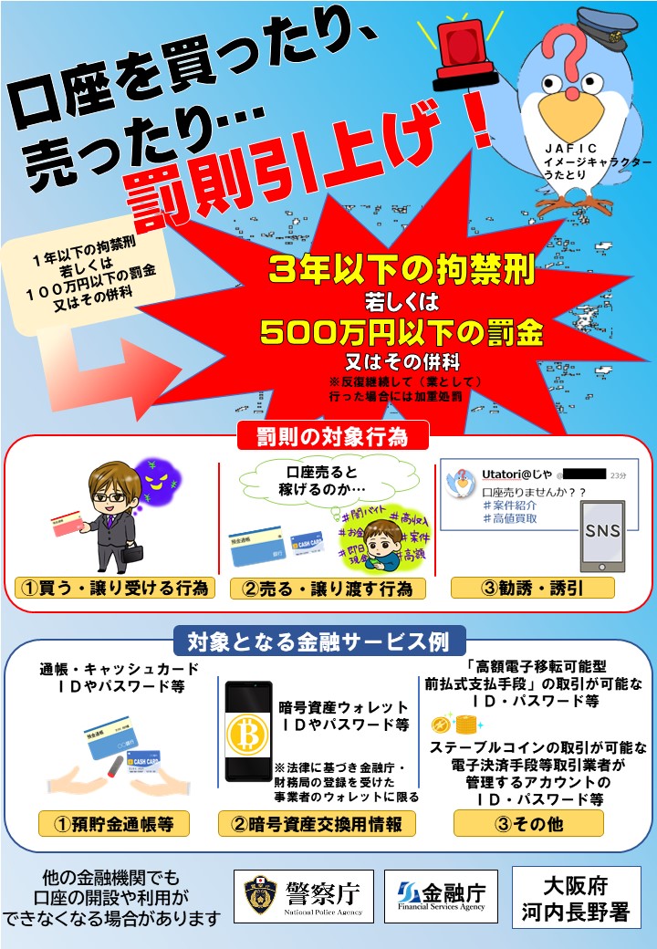 口座の売買に関する法律の罰則が強化されます