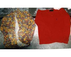 赤色セーター、茶と黄色の花柄長袖ブラウスの写真