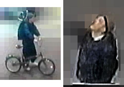 犯行前、犯行現場近くの防犯カメラに撮影された自転車に乗っている犯人と顔アップのキャプチャ画像