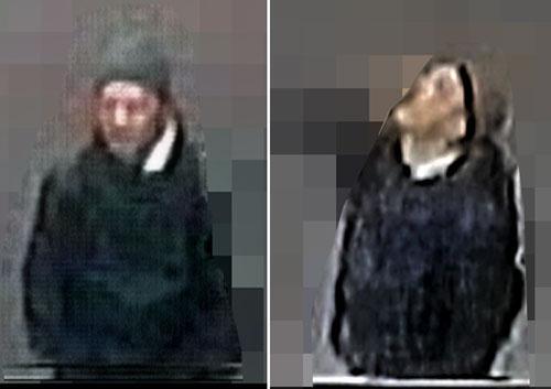 犯行前、犯行現場近くの防犯カメラに撮影された歩いている犯人と顔アップのキャプチャ画像