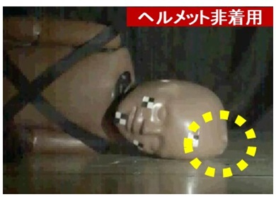「ヘルメット非着用」時における頭部への衝撃状況の写真です