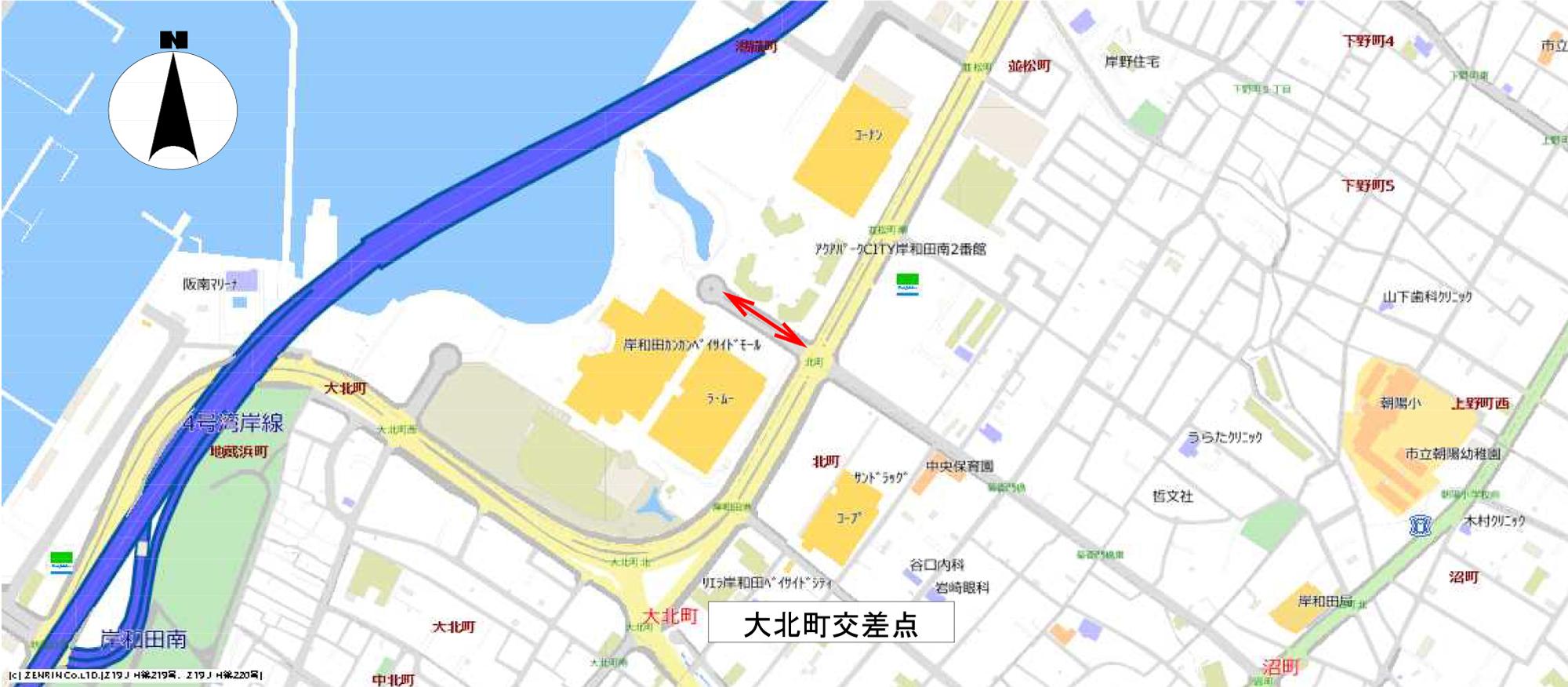 岸和田市の貨物集配中の貨物車に配意した駐車規制実施場所の地図