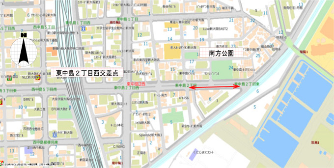 東中島2丁目東交差点から東中島2丁目交差点まで（大阪市道・西行車道）の地図