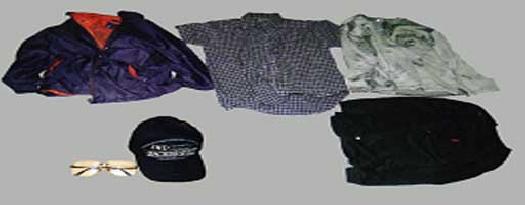紫色ジャンパー、半袖チェック柄シャツ、ストライプ長袖シャツ、黒色長袖Tシャツ、金縁眼鏡（度付き）、黒色キャップ帽の写真