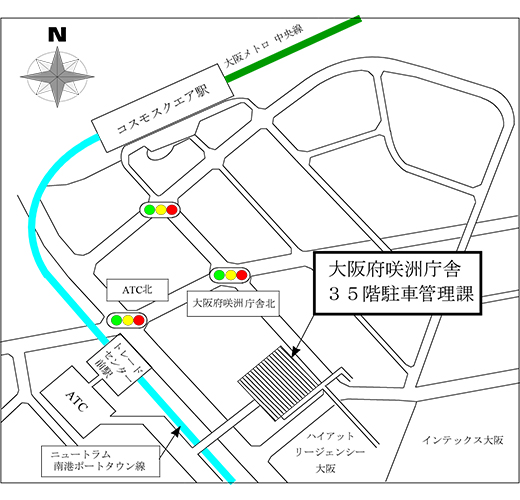 大阪府警察本部 駐車管理課周辺の地図のイラスト