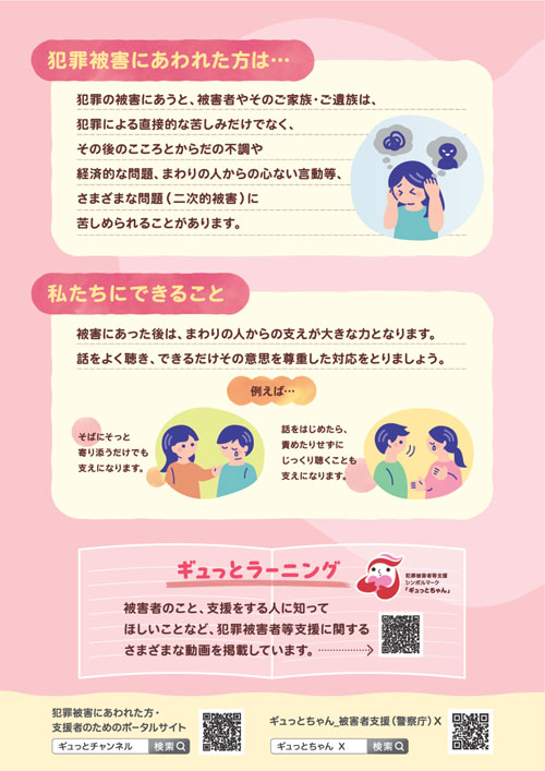 犯罪被害者等支援に関するチラシの裏面です。表面とあわせて詳細は次のとおりです。