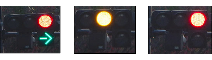右折矢印信号の画像。黄色信号の画像。赤色信号の画像。