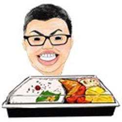 弁当の前にいるゴードンのイラスト