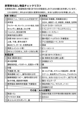 非常持ち出し物品チェックリストの画像