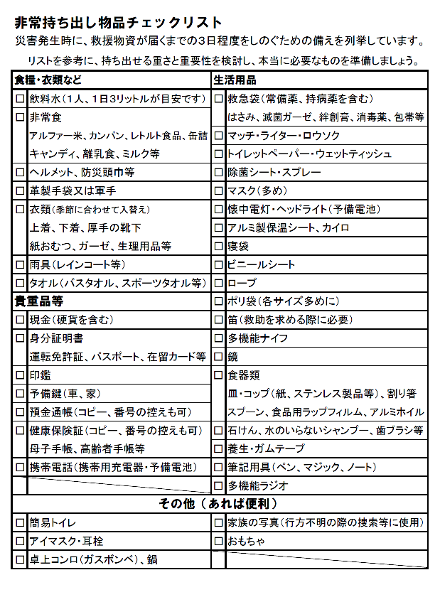 非常持ち出し物品チェックリスト