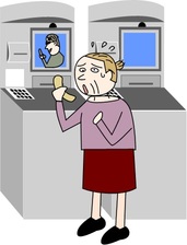 電話をしながらATMを操作する女性のイラスト
