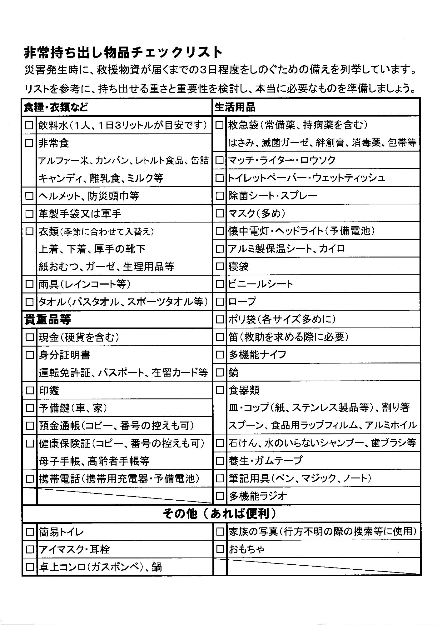 非常持ち出し物品チェックリスト（裏面）